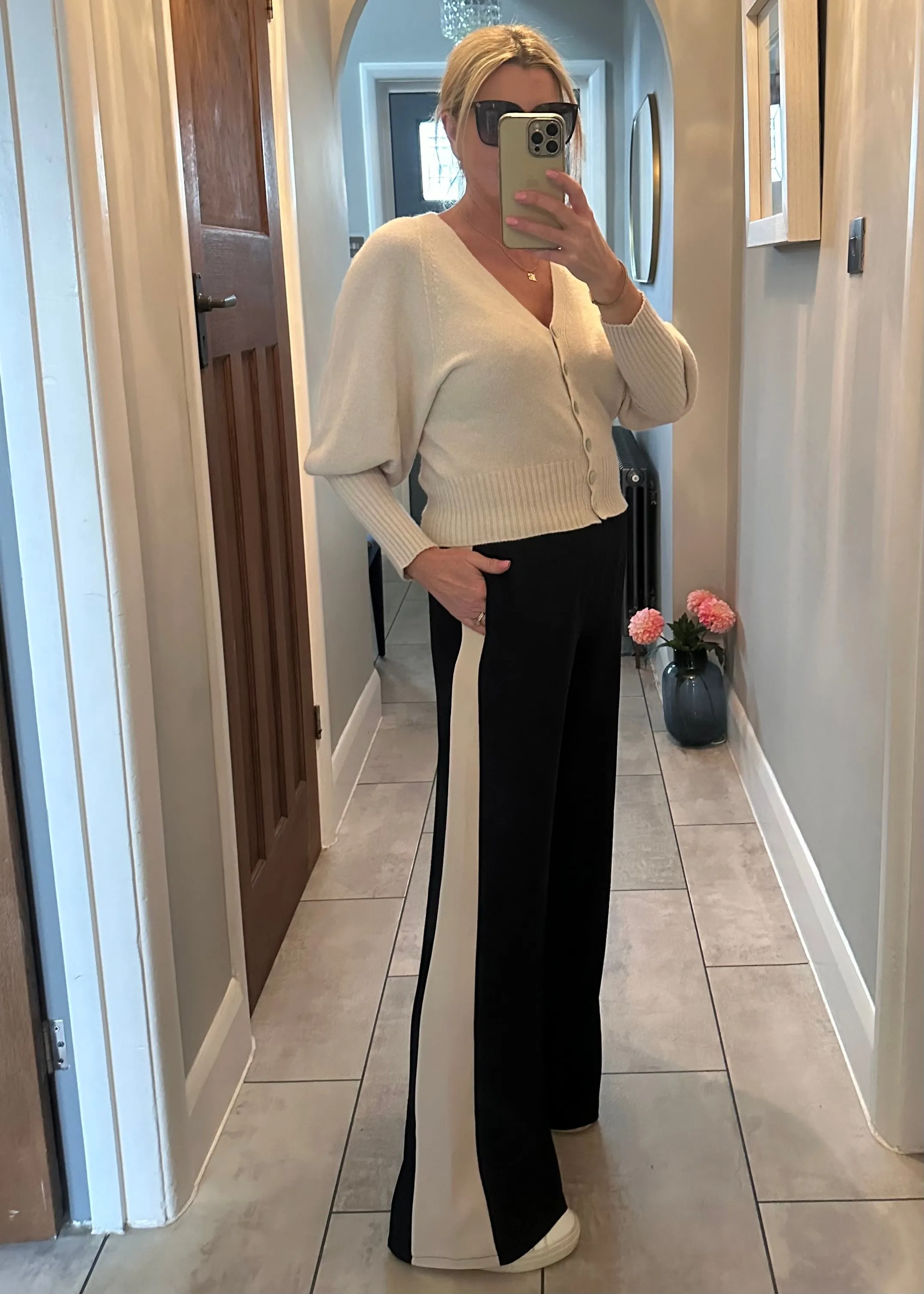 Navy/Beige Stripe Wide Leg Trousers