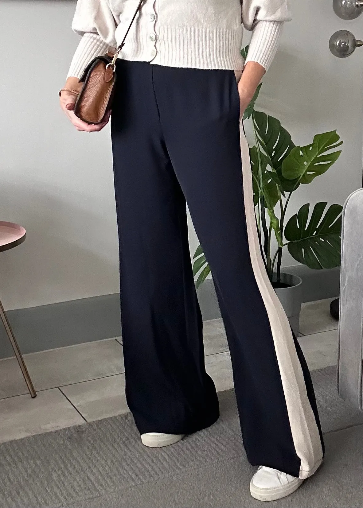 Navy/Beige Stripe Wide Leg Trousers