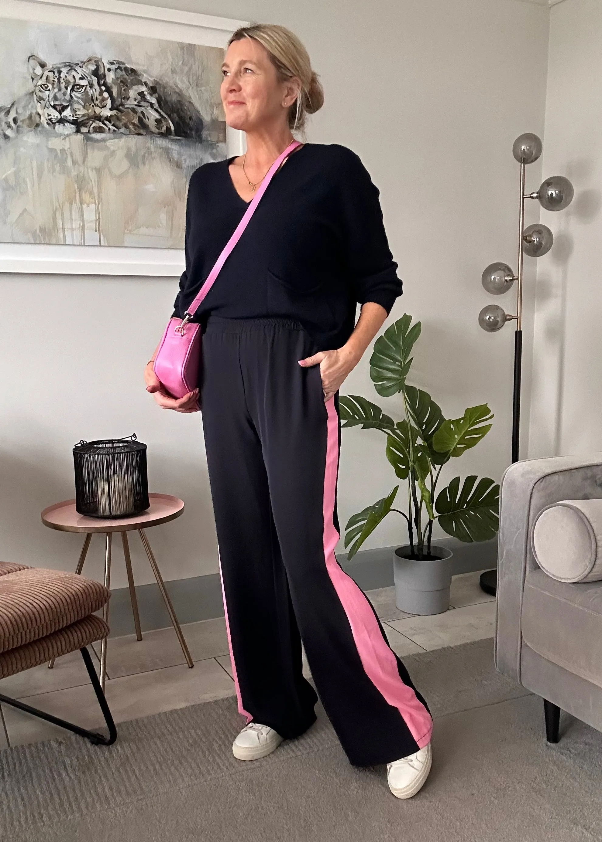 Navy/Beige Stripe Wide Leg Trousers