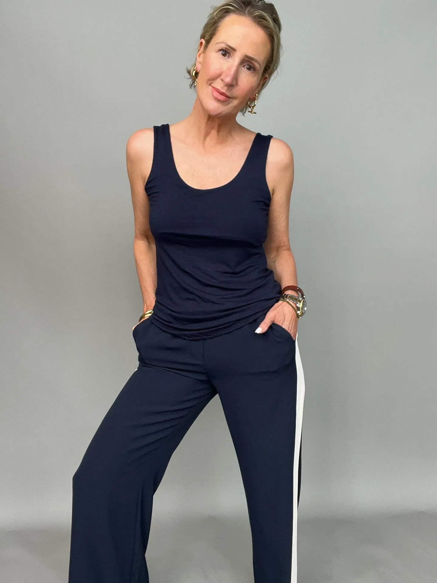 Navy/Beige Stripe Wide Leg Trousers