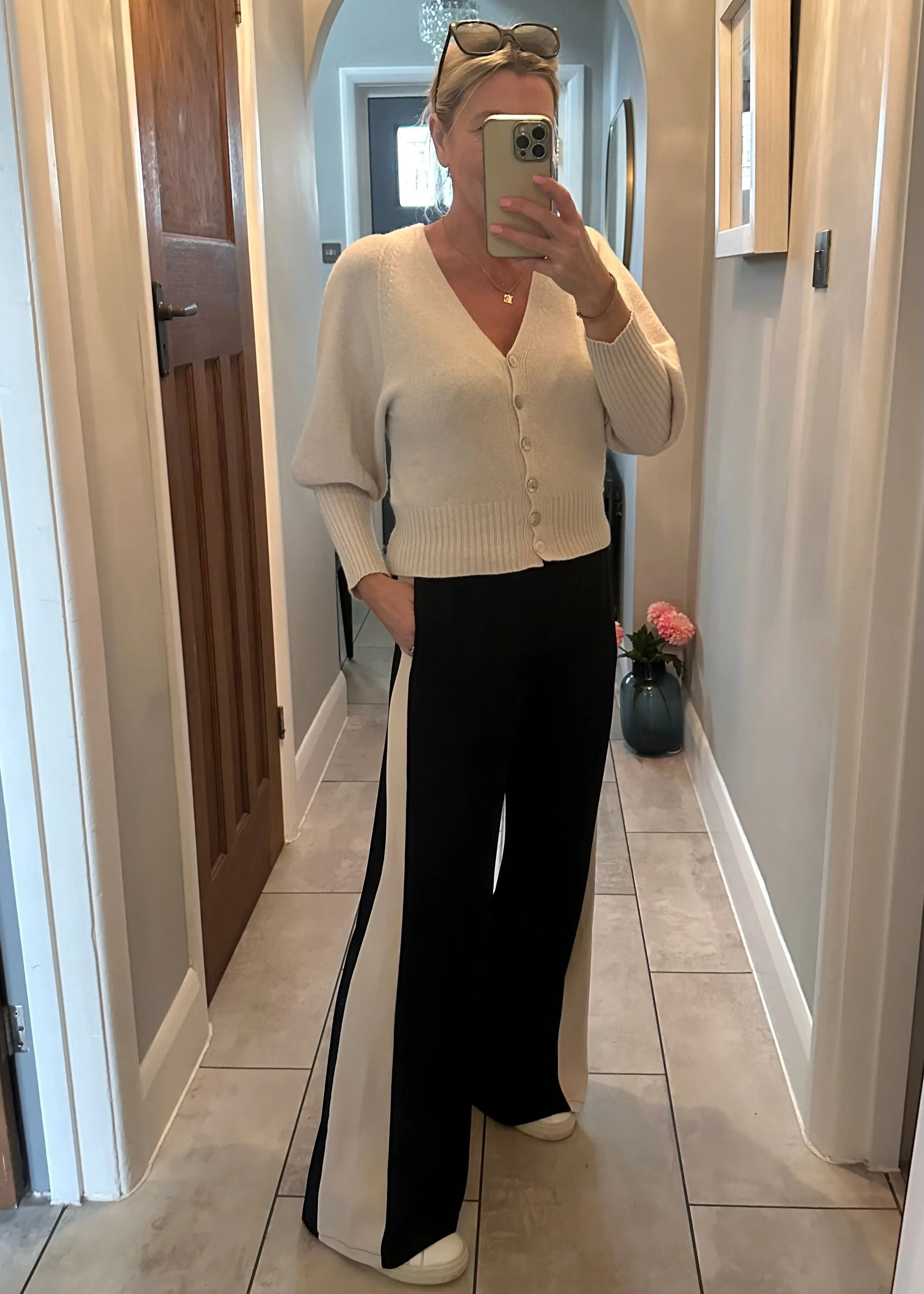 Navy/Beige Stripe Wide Leg Trousers