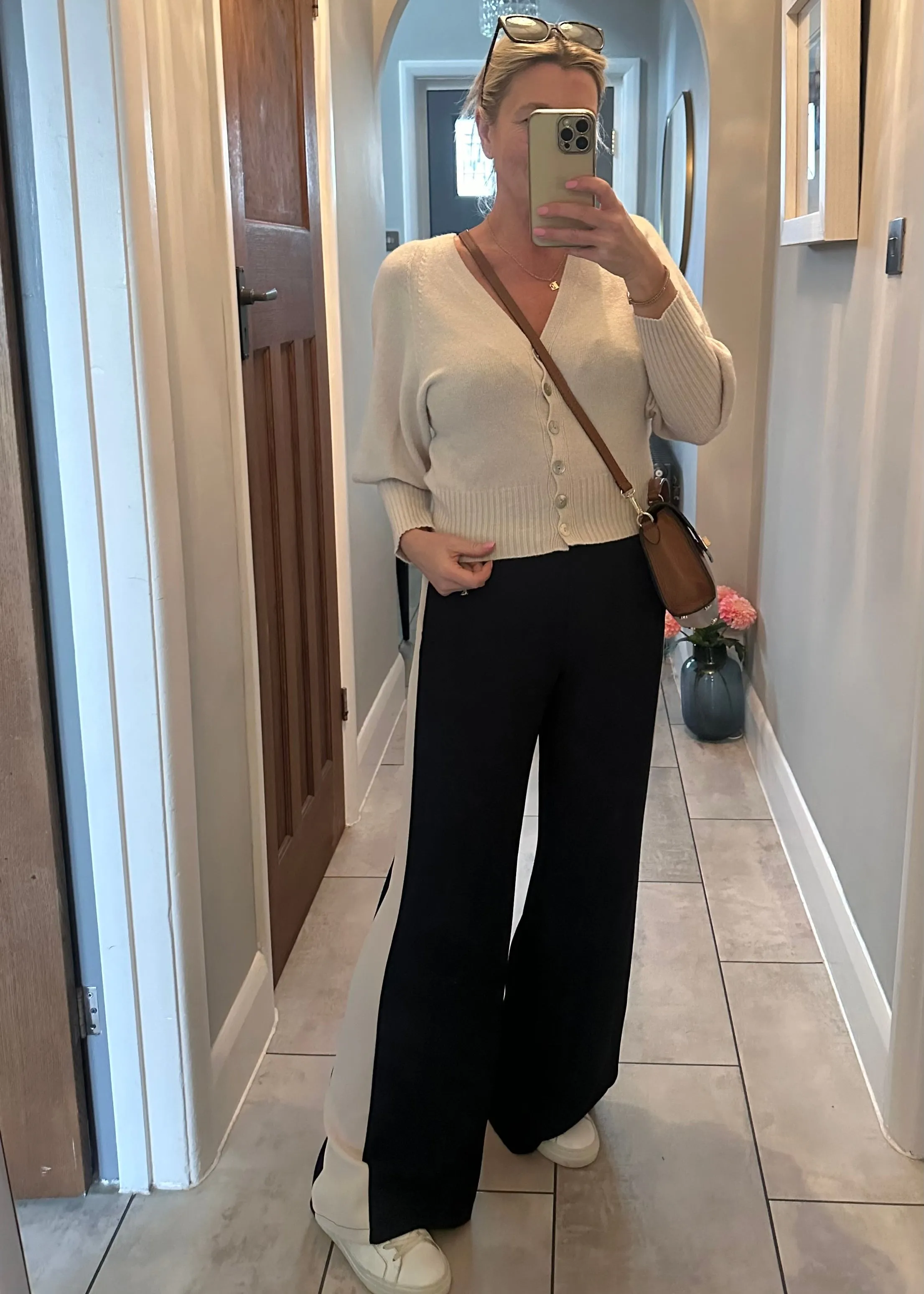 Navy/Beige Stripe Wide Leg Trousers