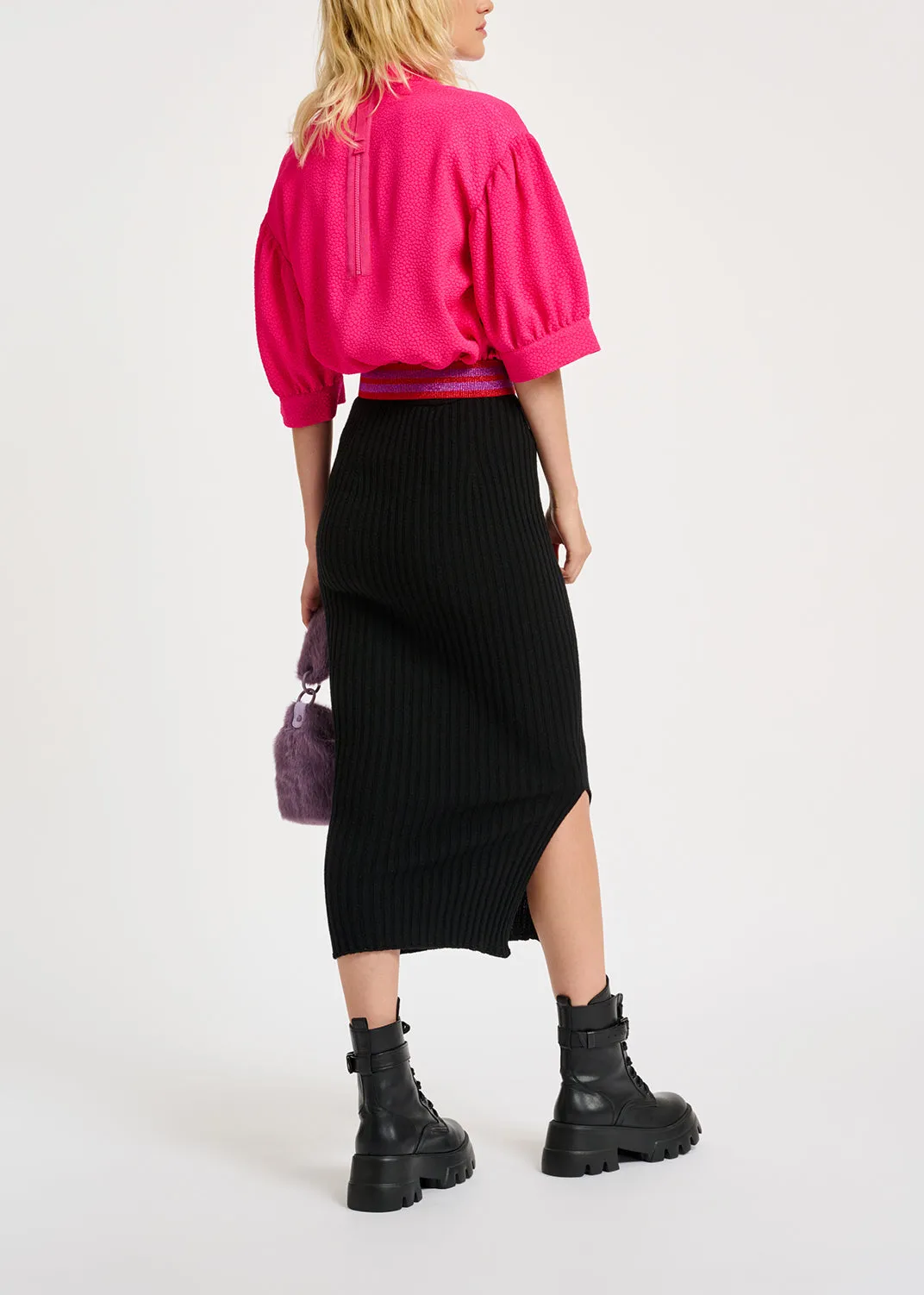 Neon pink top with puffed sleeves