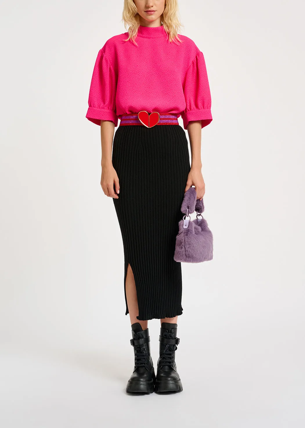 Neon pink top with puffed sleeves