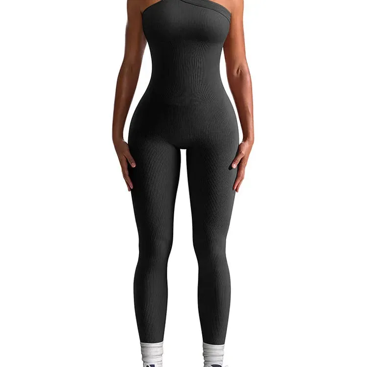 New Autumn Women Ribbed One Shoulder Jumpsuit Hip Lifting One Piece Yoga Seamless Bodycon