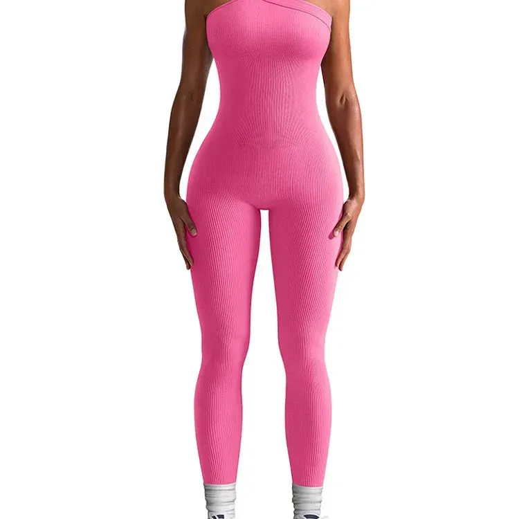 New Autumn Women Ribbed One Shoulder Jumpsuit Hip Lifting One Piece Yoga Seamless Bodycon