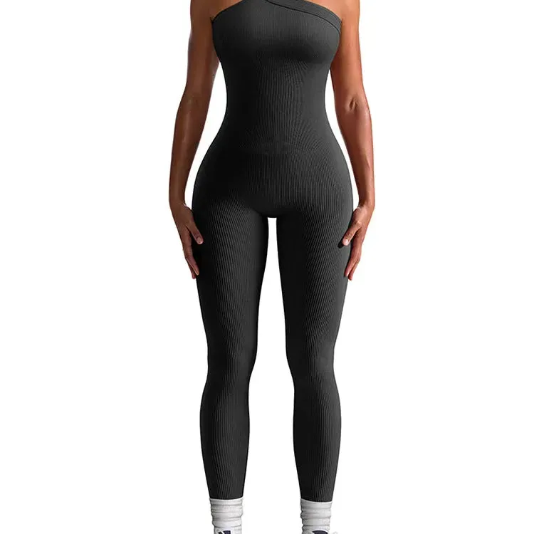 New Autumn Women Ribbed One Shoulder Jumpsuit Hip Lifting One Piece Yoga Seamless Bodycon