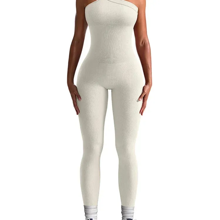 New Autumn Women Ribbed One Shoulder Jumpsuit Hip Lifting One Piece Yoga Seamless Bodycon