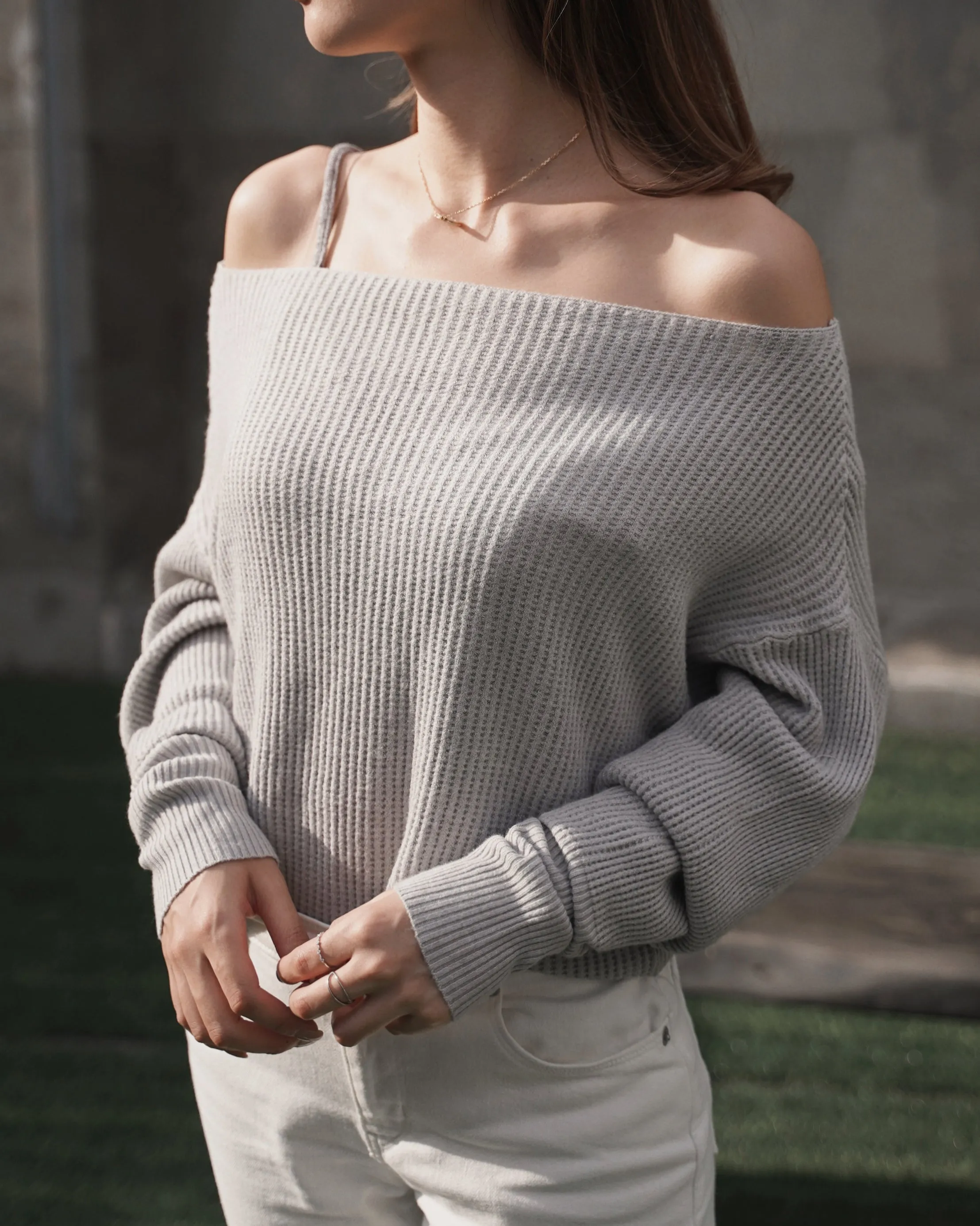 Off Shoulder Waffle Sweater