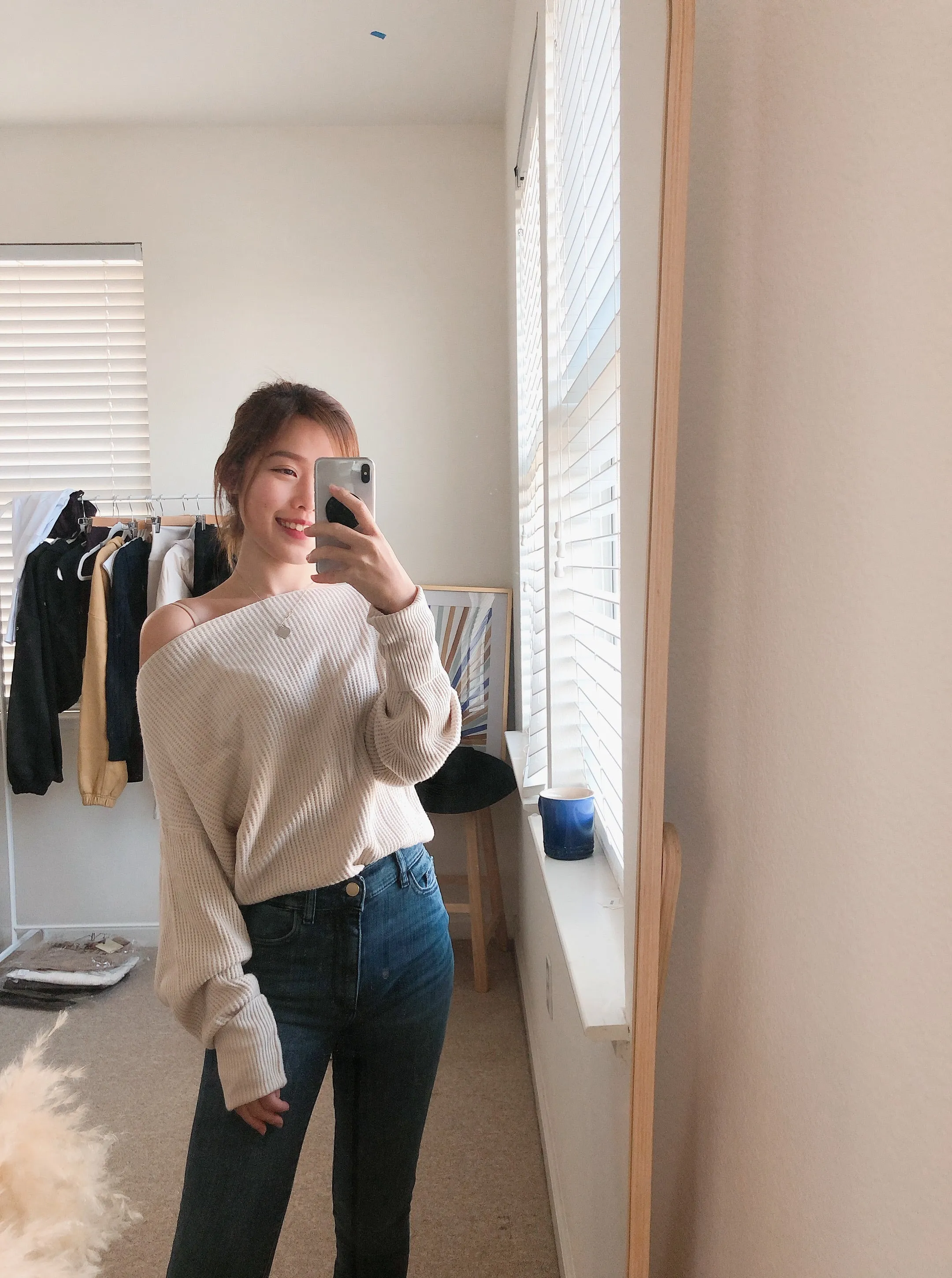 Off Shoulder Waffle Sweater
