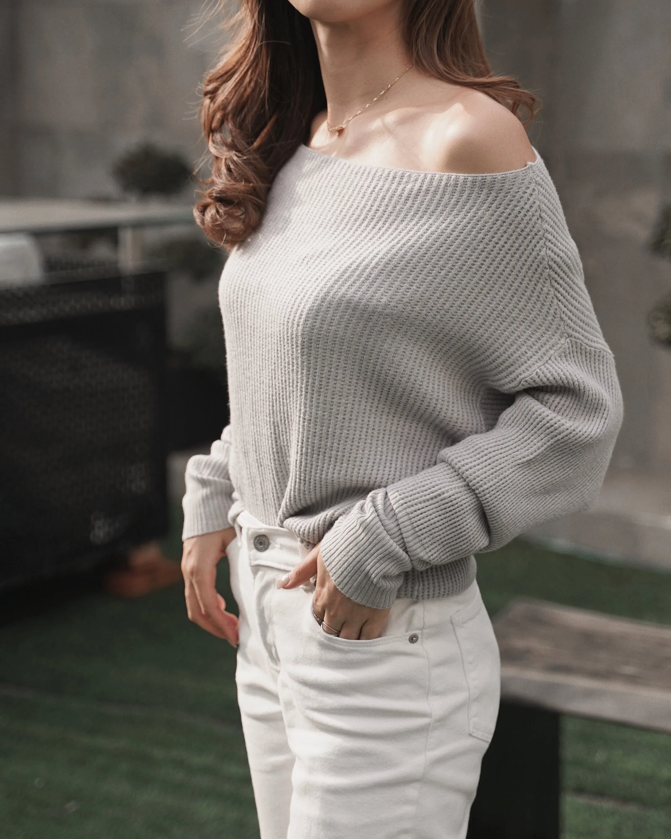 Off Shoulder Waffle Sweater