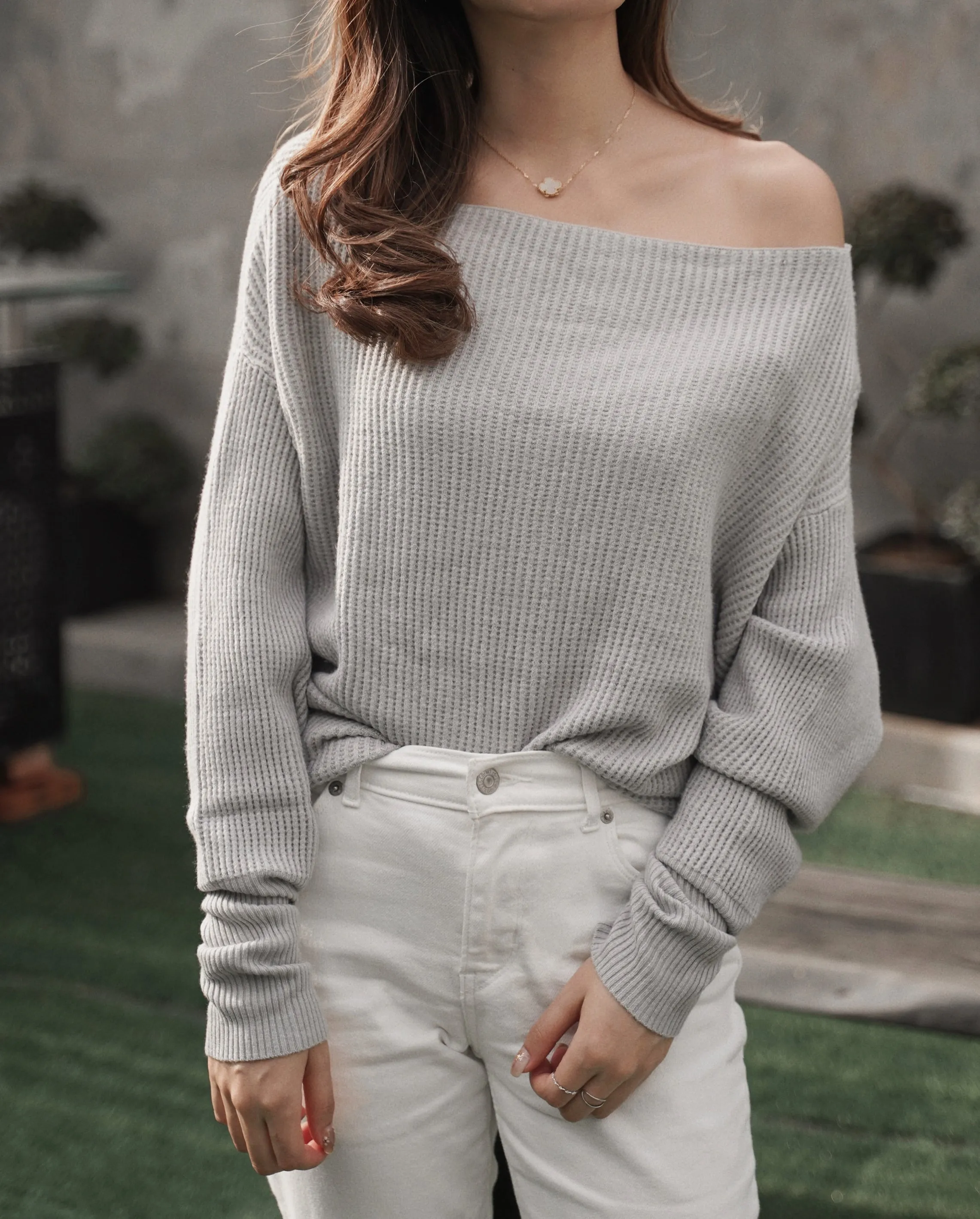Off Shoulder Waffle Sweater