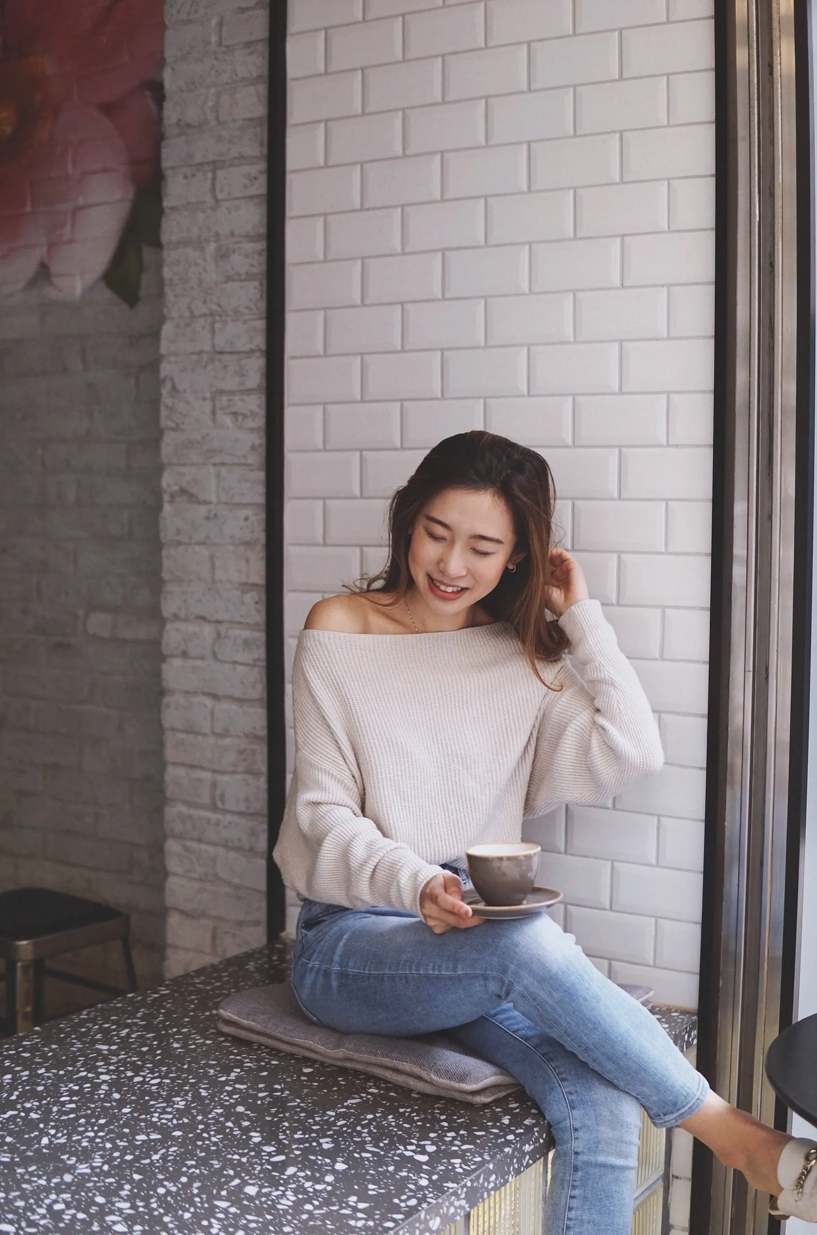 Off Shoulder Waffle Sweater