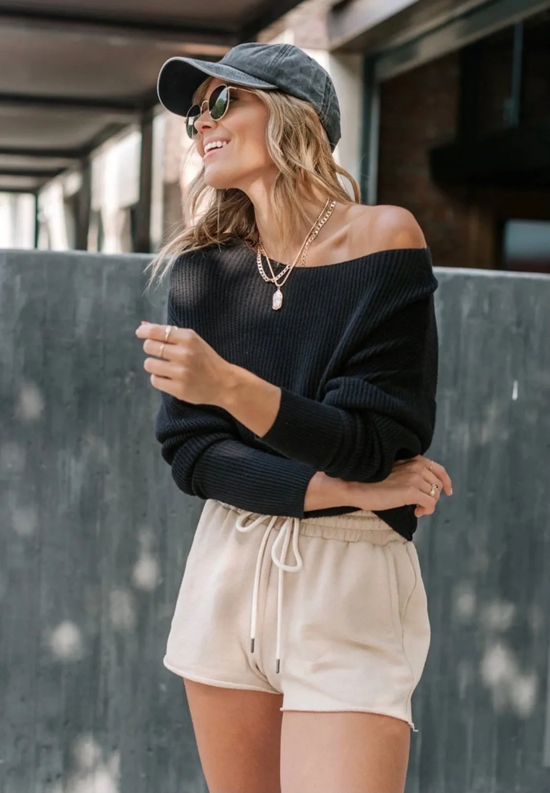 Off Shoulder Waffle Sweater