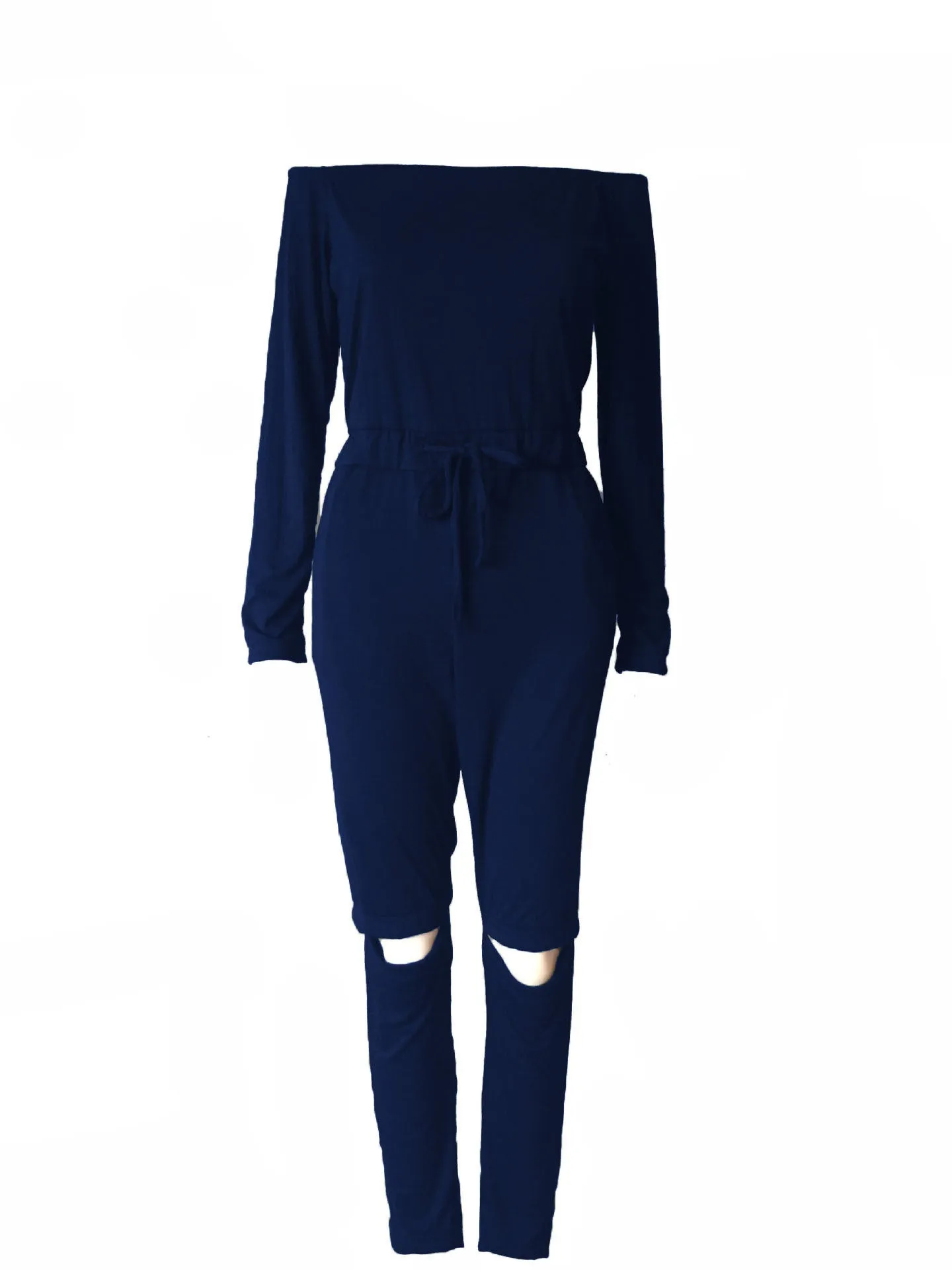 One Line Collar Oblique Shoulder Jumpsuit Feminine Sense Of Ripped Leggings