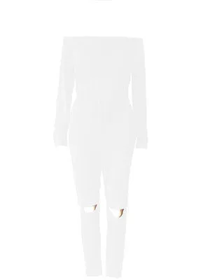 One Line Collar Oblique Shoulder Jumpsuit Feminine Sense Of Ripped Leggings