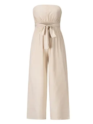Original Cold Shoulder Tied Solid Color Straight Leg Jumpsuits