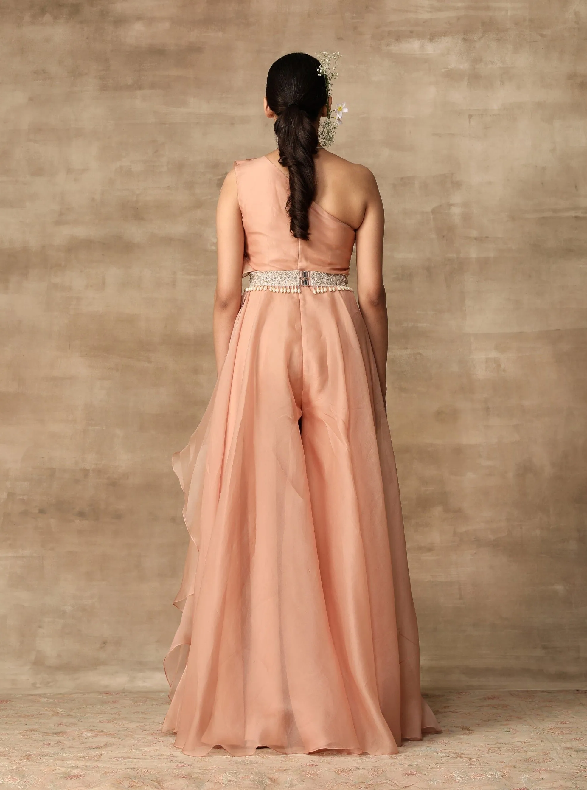 Peach Ruffle Draped Jumpsuit With Belt