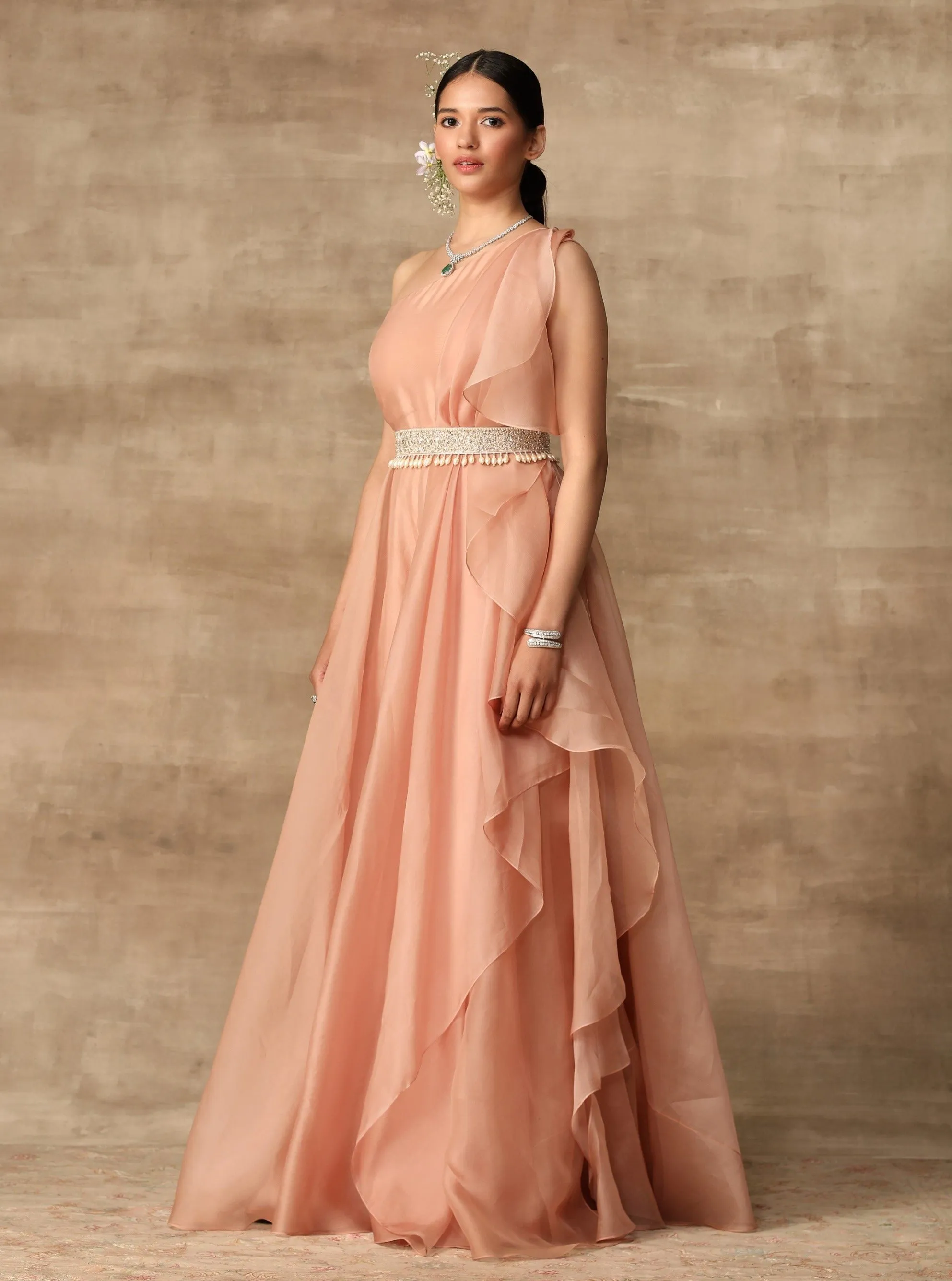 Peach Ruffle Draped Jumpsuit With Belt