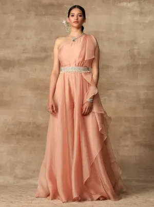 Peach Ruffle Draped Jumpsuit With Belt