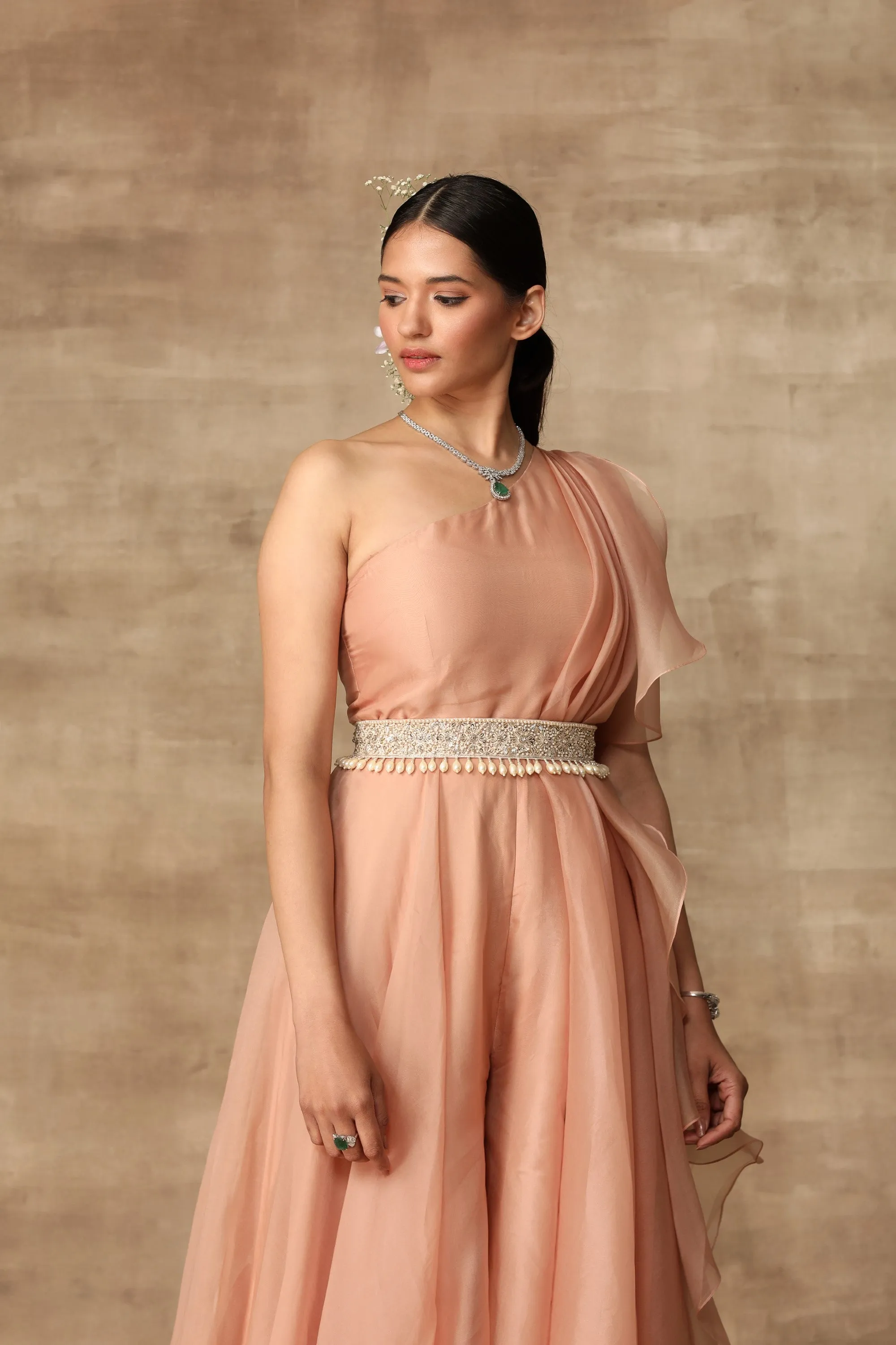 Peach Ruffle Draped Jumpsuit With Belt