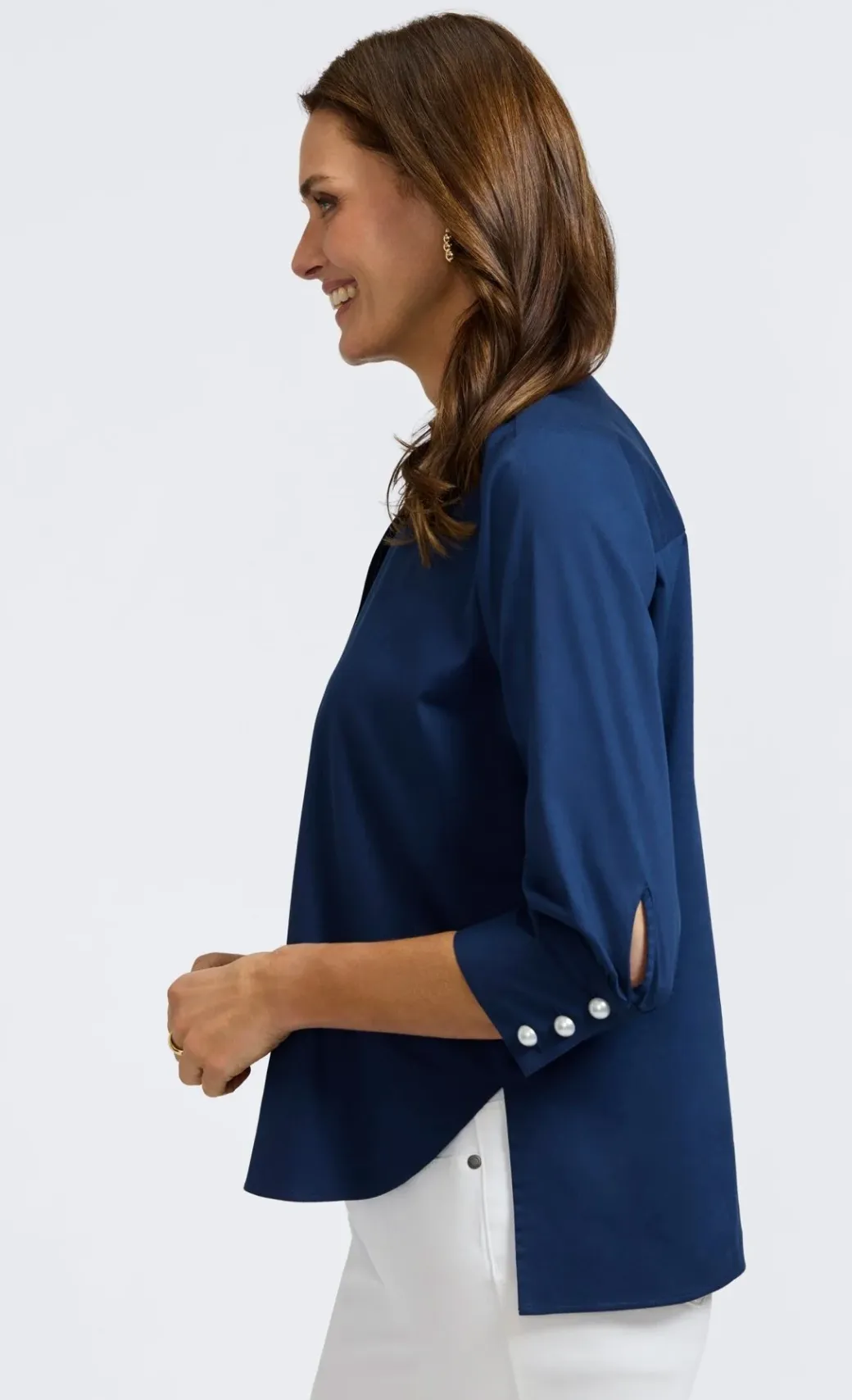 Pearl No Iron Stretch Matte Sateen 3/4 Sleeve Shirt - Navy