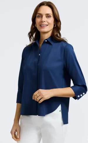 Pearl No Iron Stretch Matte Sateen 3/4 Sleeve Shirt - Navy
