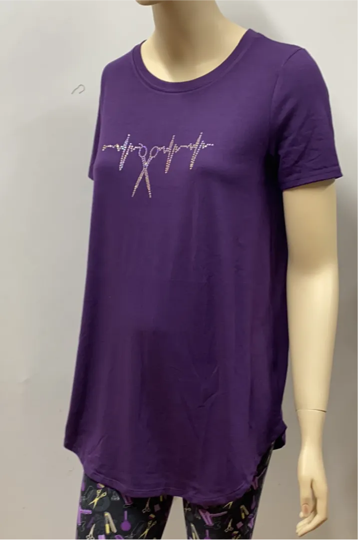 Plum Round Neck Tee with Iridescent Scissor Heartbeat Rhinestones