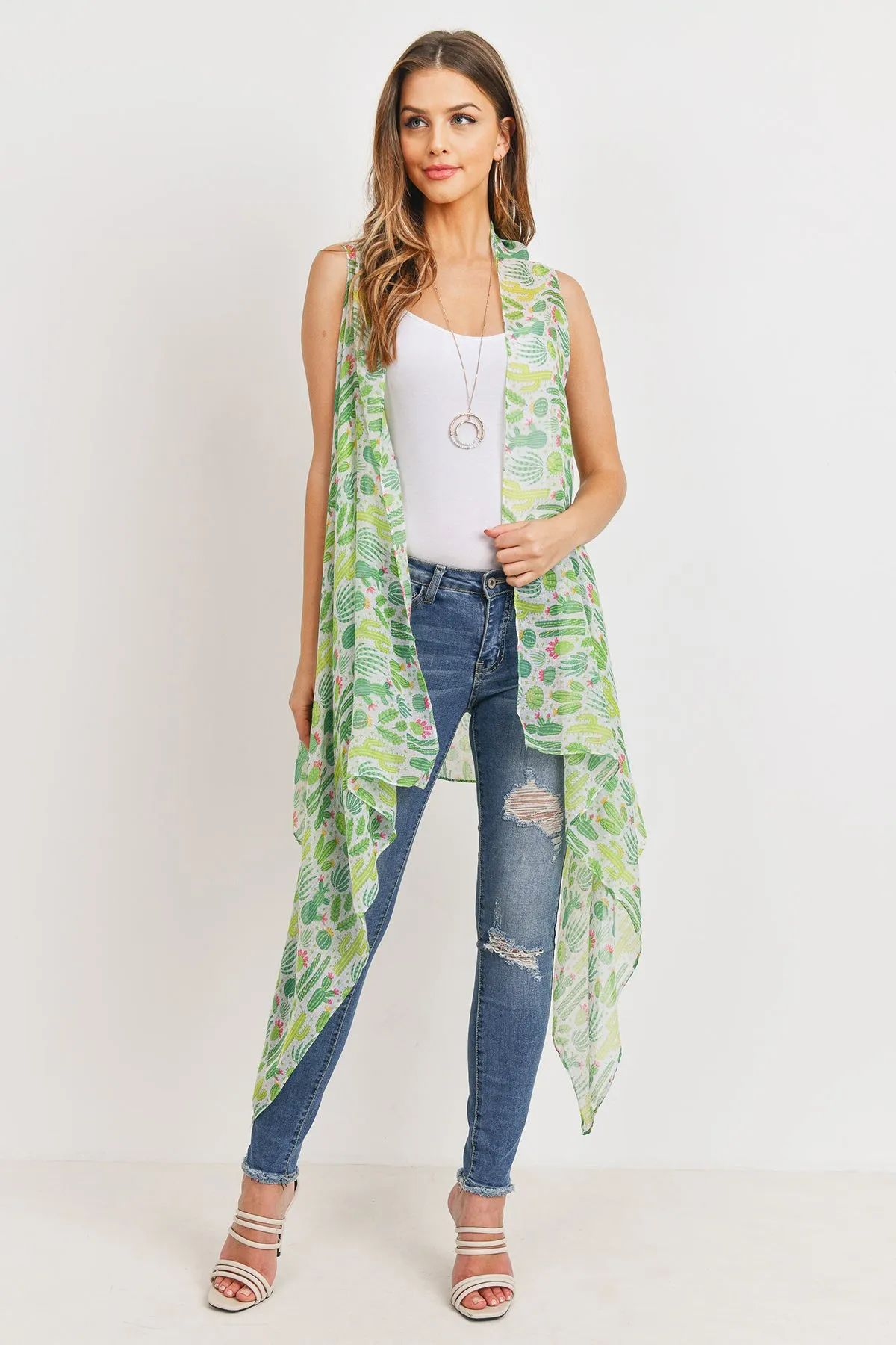 PN222X098 - CACTUS LONG OPEN FRONT KIMONO VEST