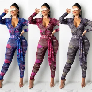 Printed net yarn jumpsuit AY1215