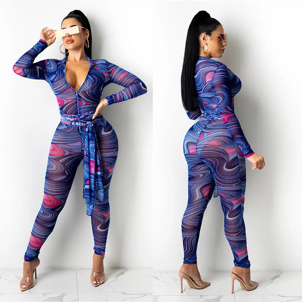 Printed net yarn jumpsuit AY1215
