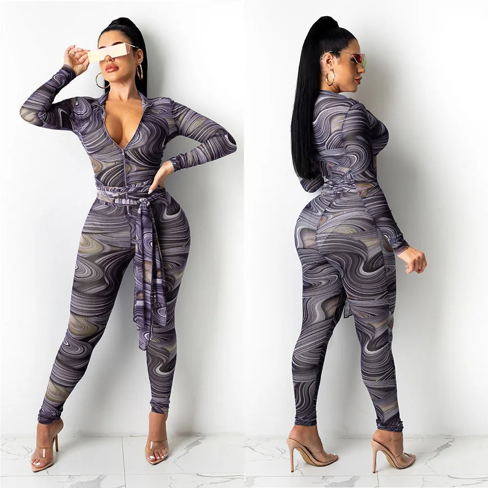 Printed net yarn jumpsuit AY1215