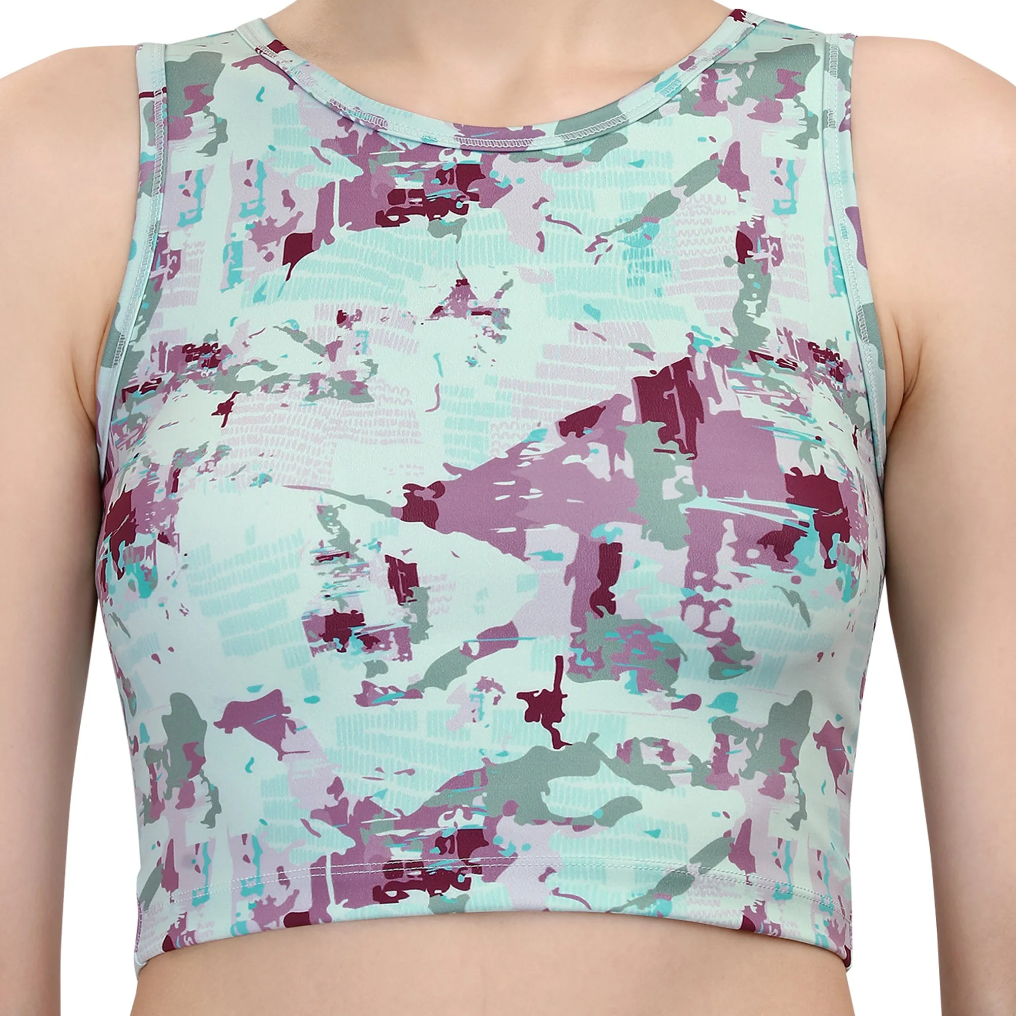 Quick-Dry Printed Sleeveless Crop Top & High-Waist Legging Set