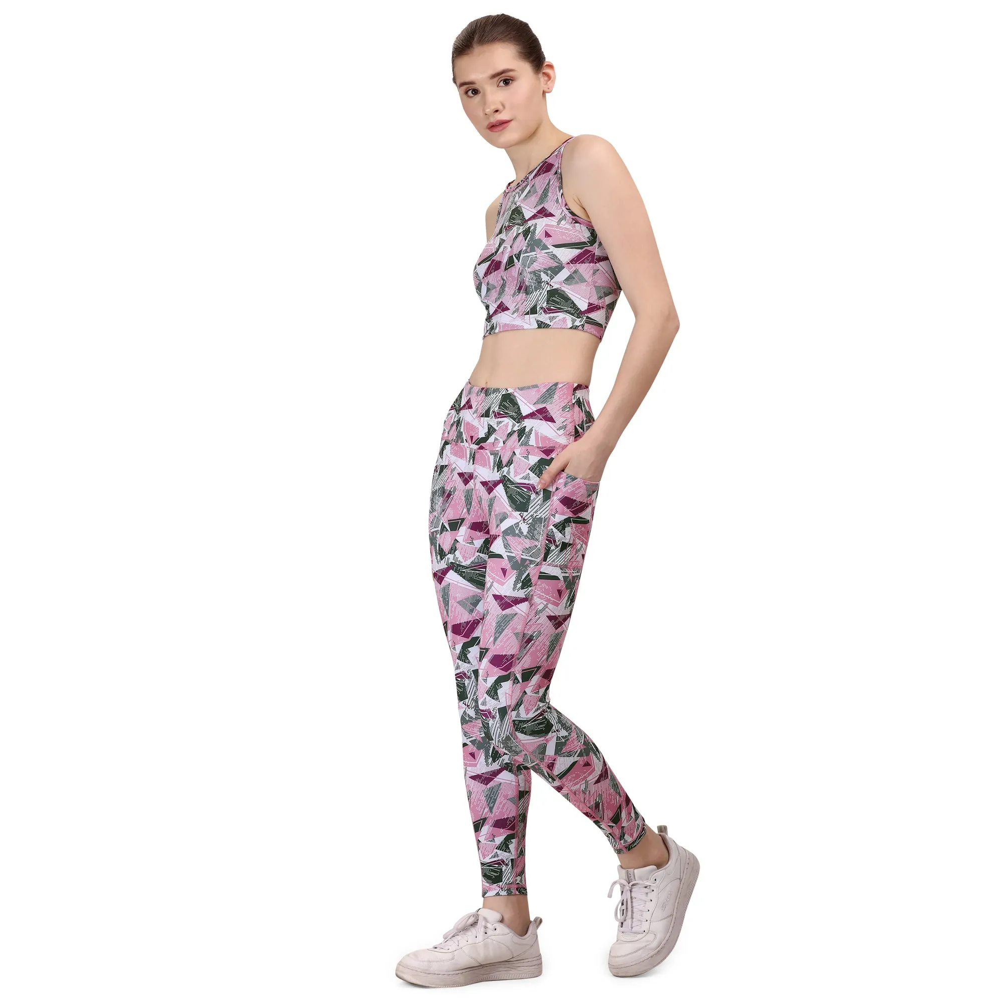 Quick-Dry Printed Sleeveless Crop Top & High-Waist Legging Set