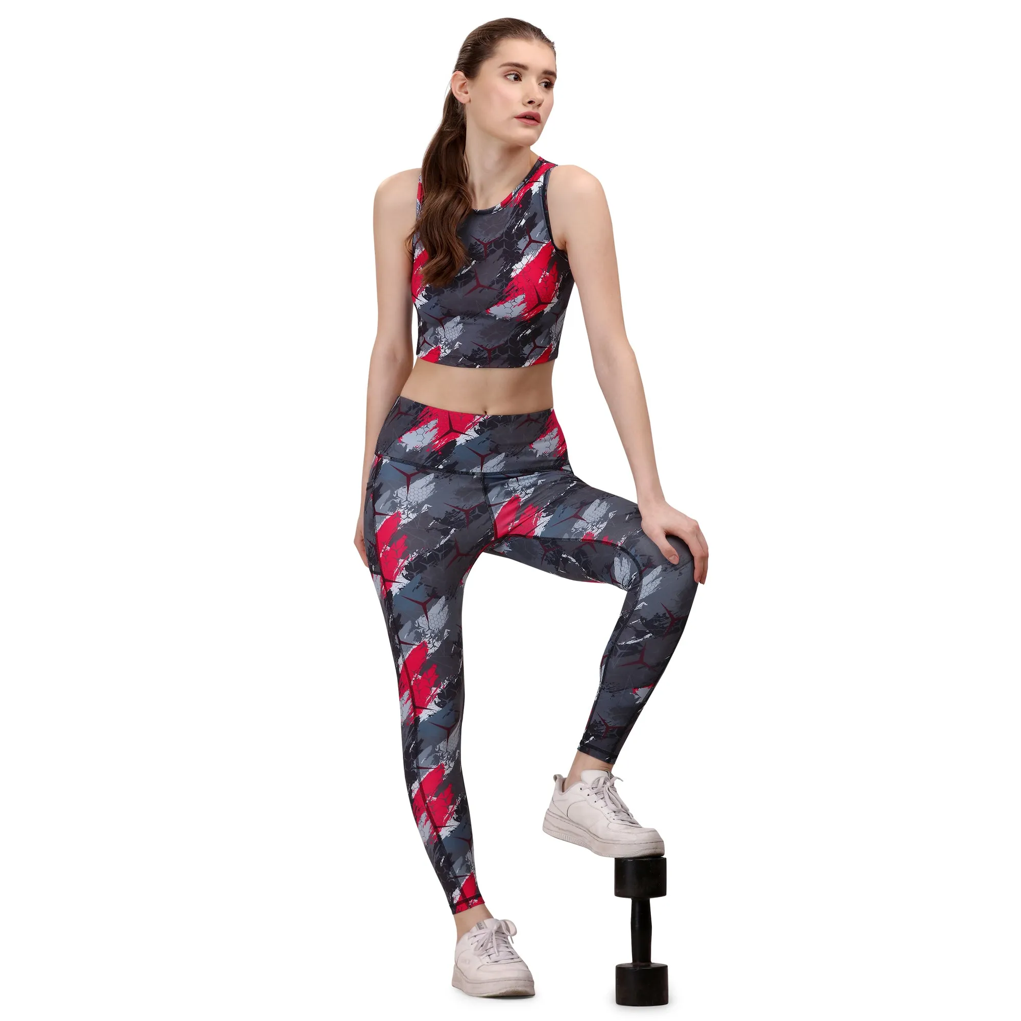 Quick-Dry Printed Sleeveless Crop Top & High-Waist Legging Set