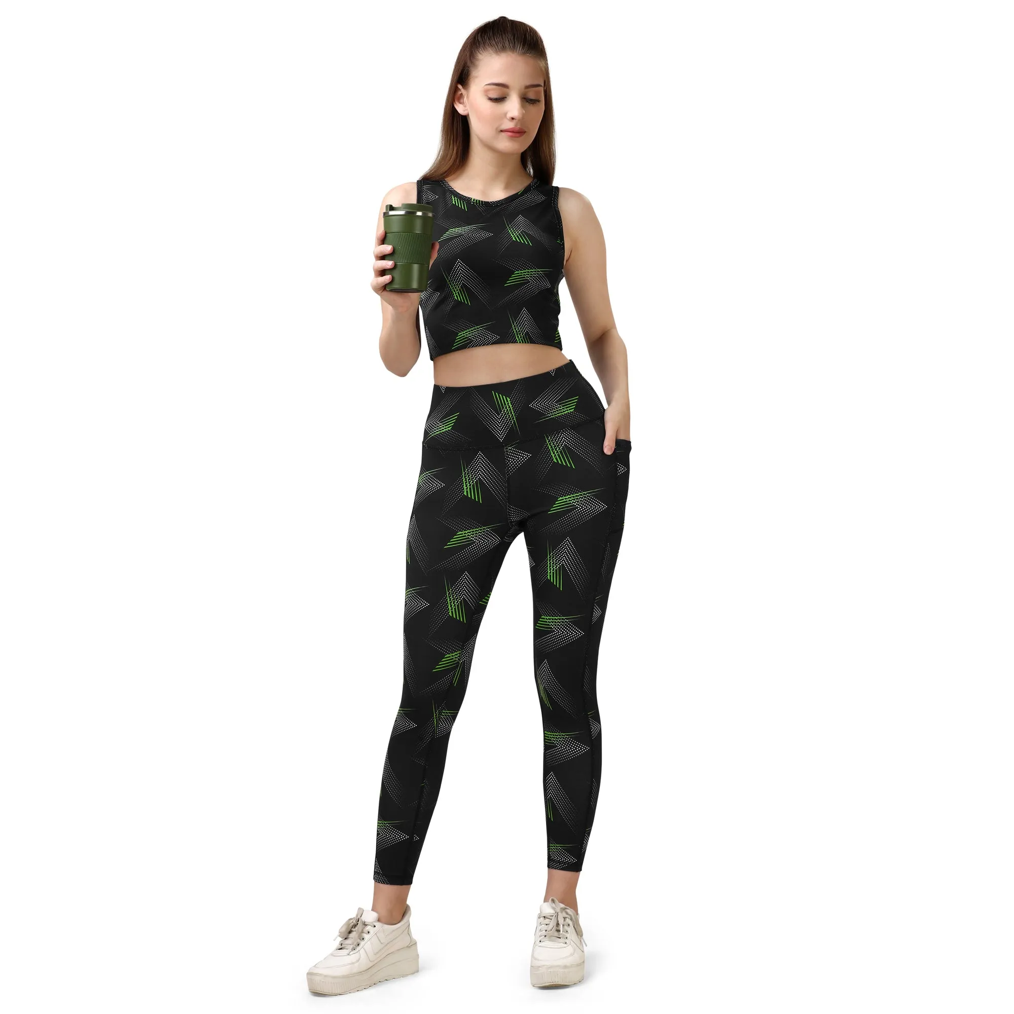Quick-Dry Printed Sleeveless Crop Top & High-Waist Legging Set