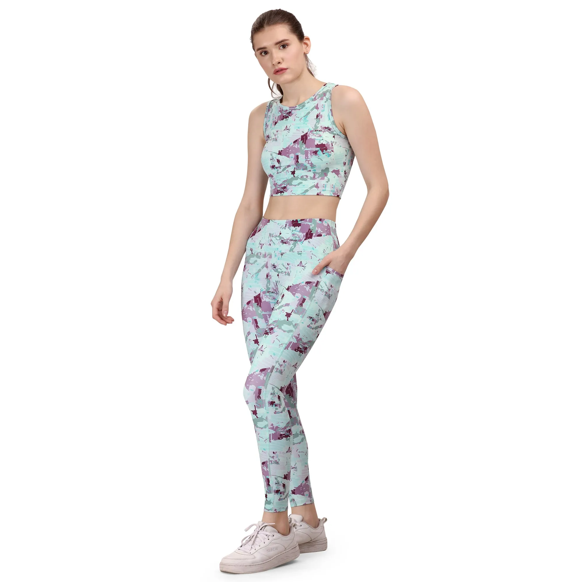 Quick-Dry Printed Sleeveless Crop Top & High-Waist Legging Set
