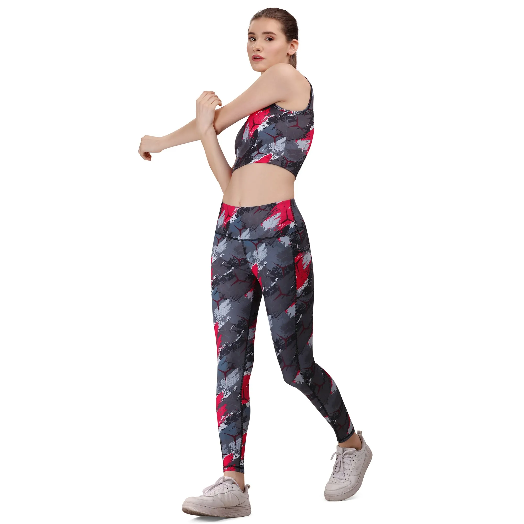 Quick-Dry Printed Sleeveless Crop Top & High-Waist Legging Set