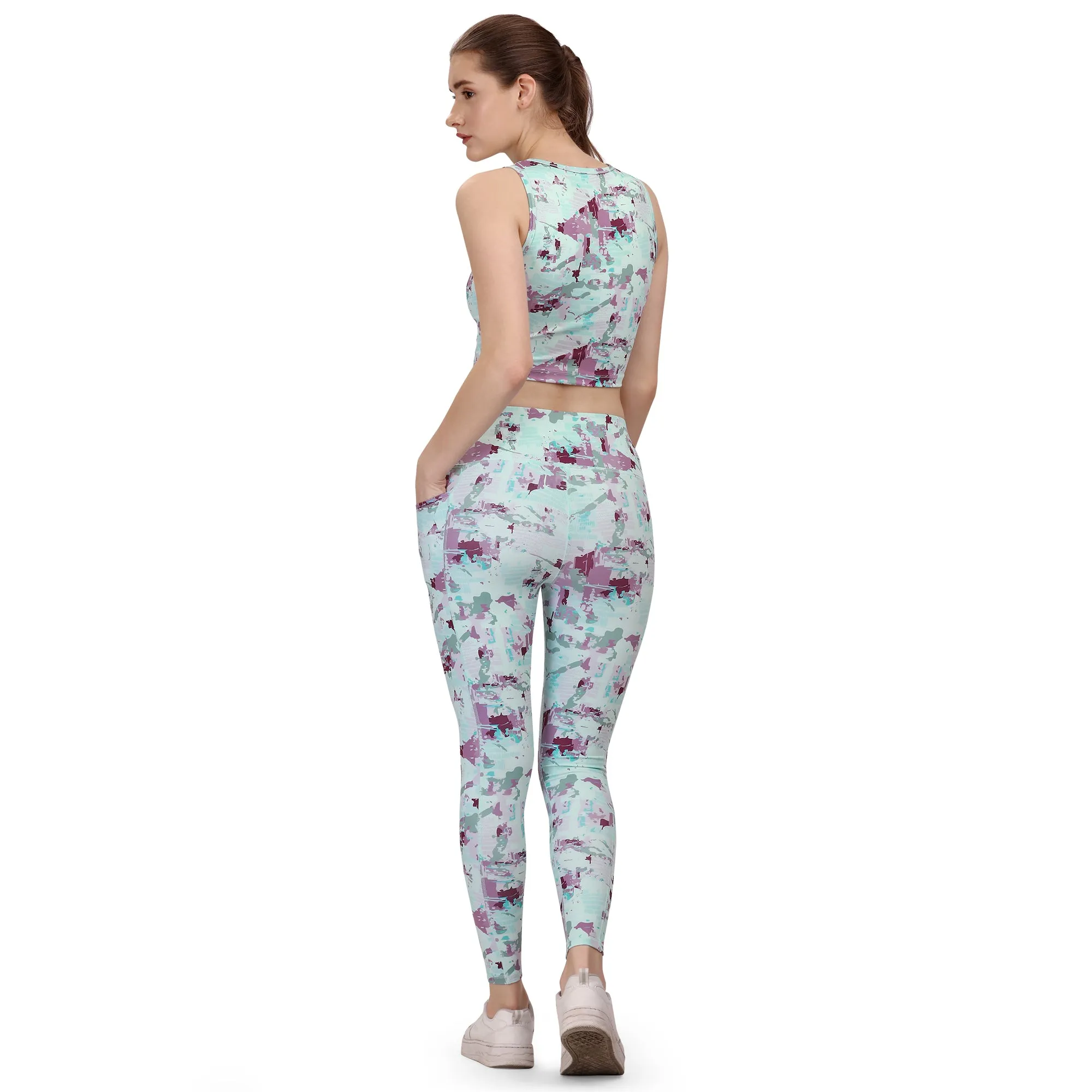 Quick-Dry Printed Sleeveless Crop Top & High-Waist Legging Set