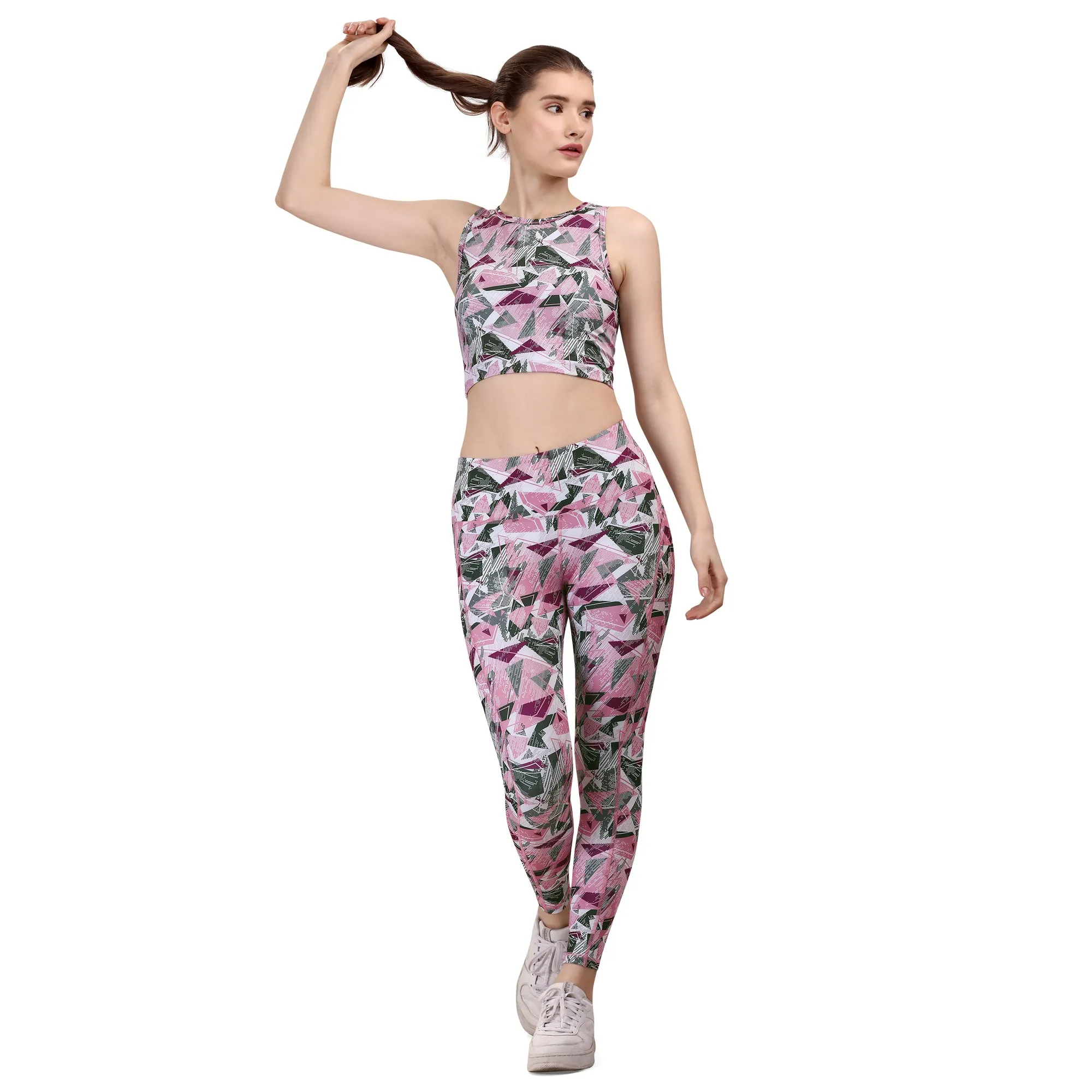 Quick-Dry Printed Sleeveless Crop Top & High-Waist Legging Set