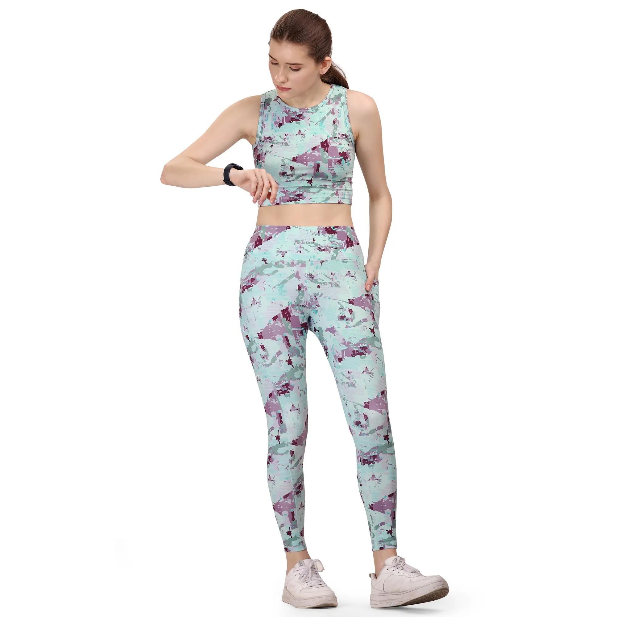 Quick-Dry Printed Sleeveless Crop Top & High-Waist Legging Set