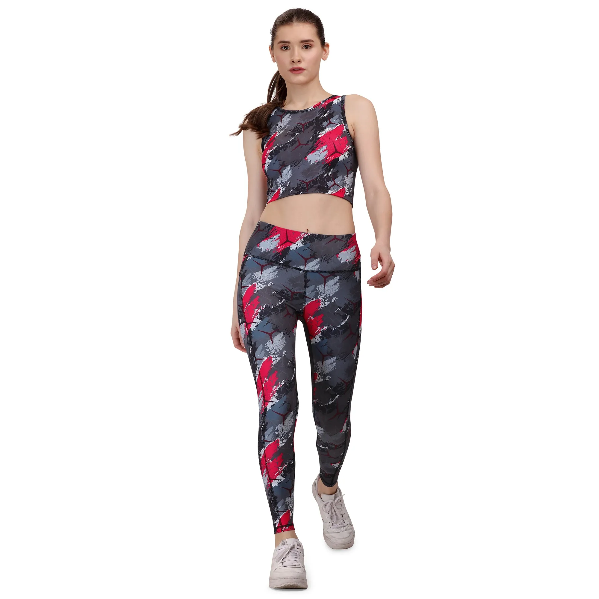 Quick-Dry Printed Sleeveless Crop Top & High-Waist Legging Set