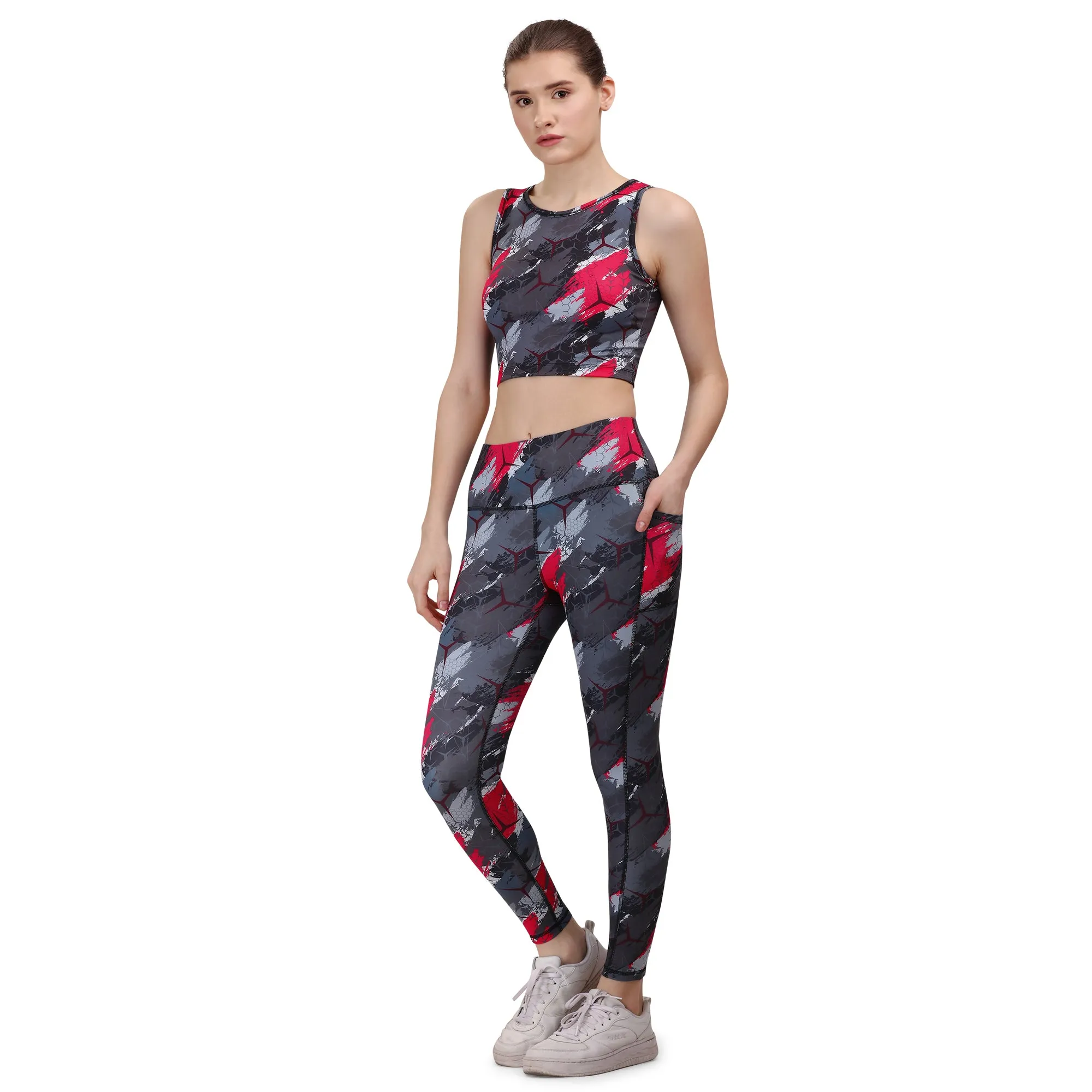 Quick-Dry Printed Sleeveless Crop Top & High-Waist Legging Set
