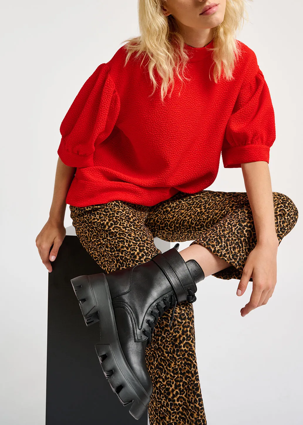 Red top with puffed sleeves