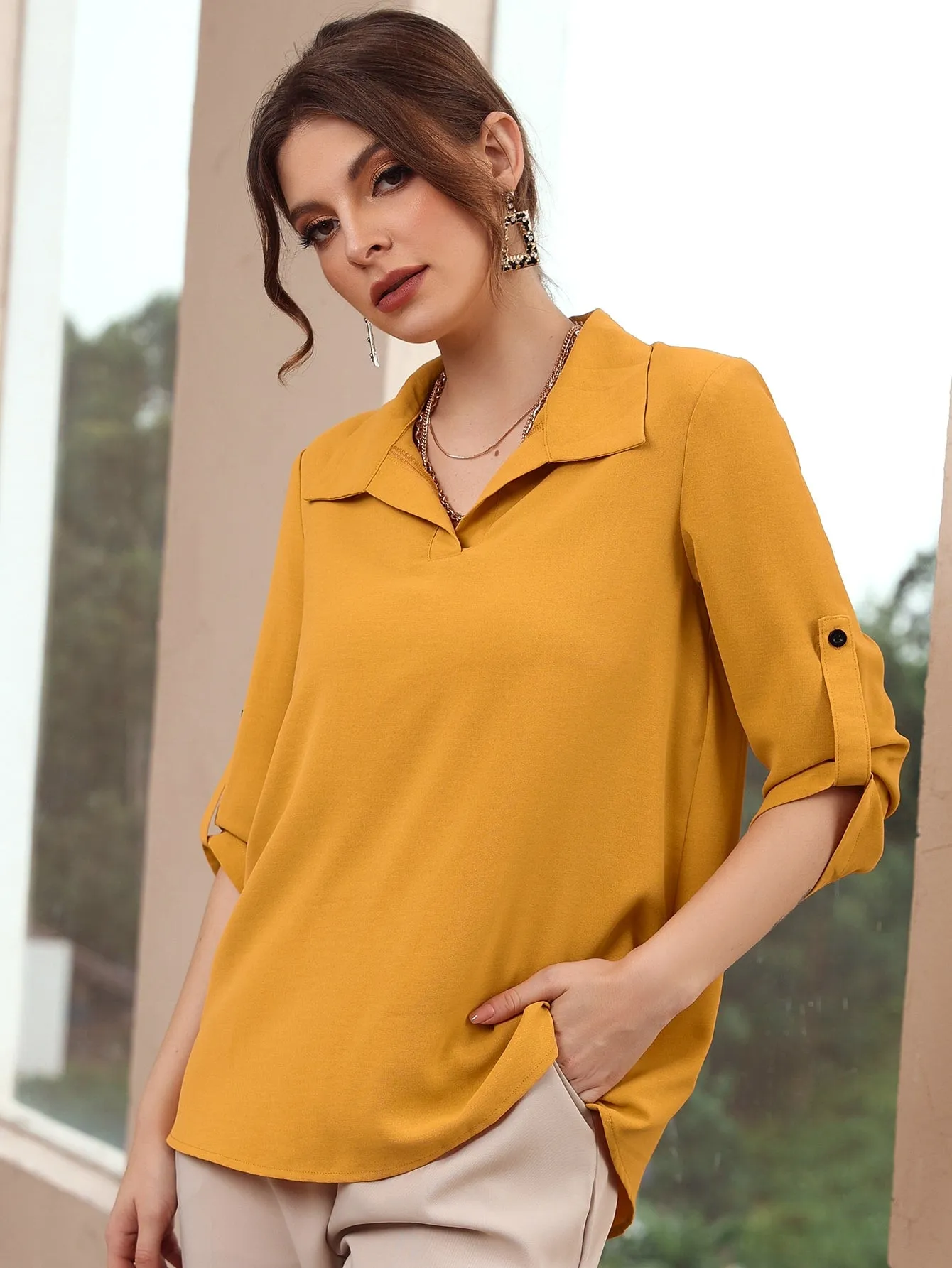 Roll-up Sleeve Solid Blouse (Clearance sale