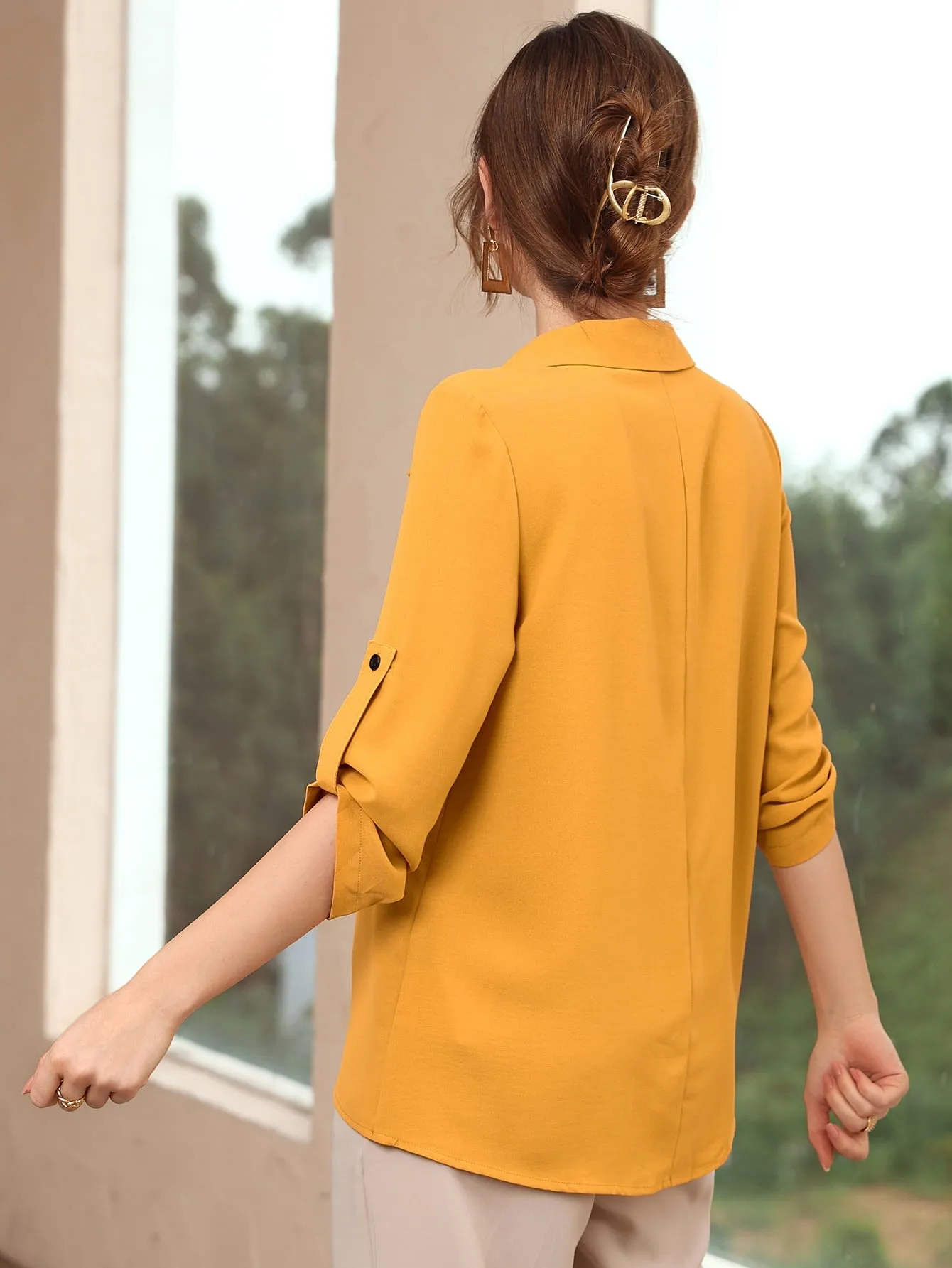 Roll-up Sleeve Solid Blouse (Clearance sale