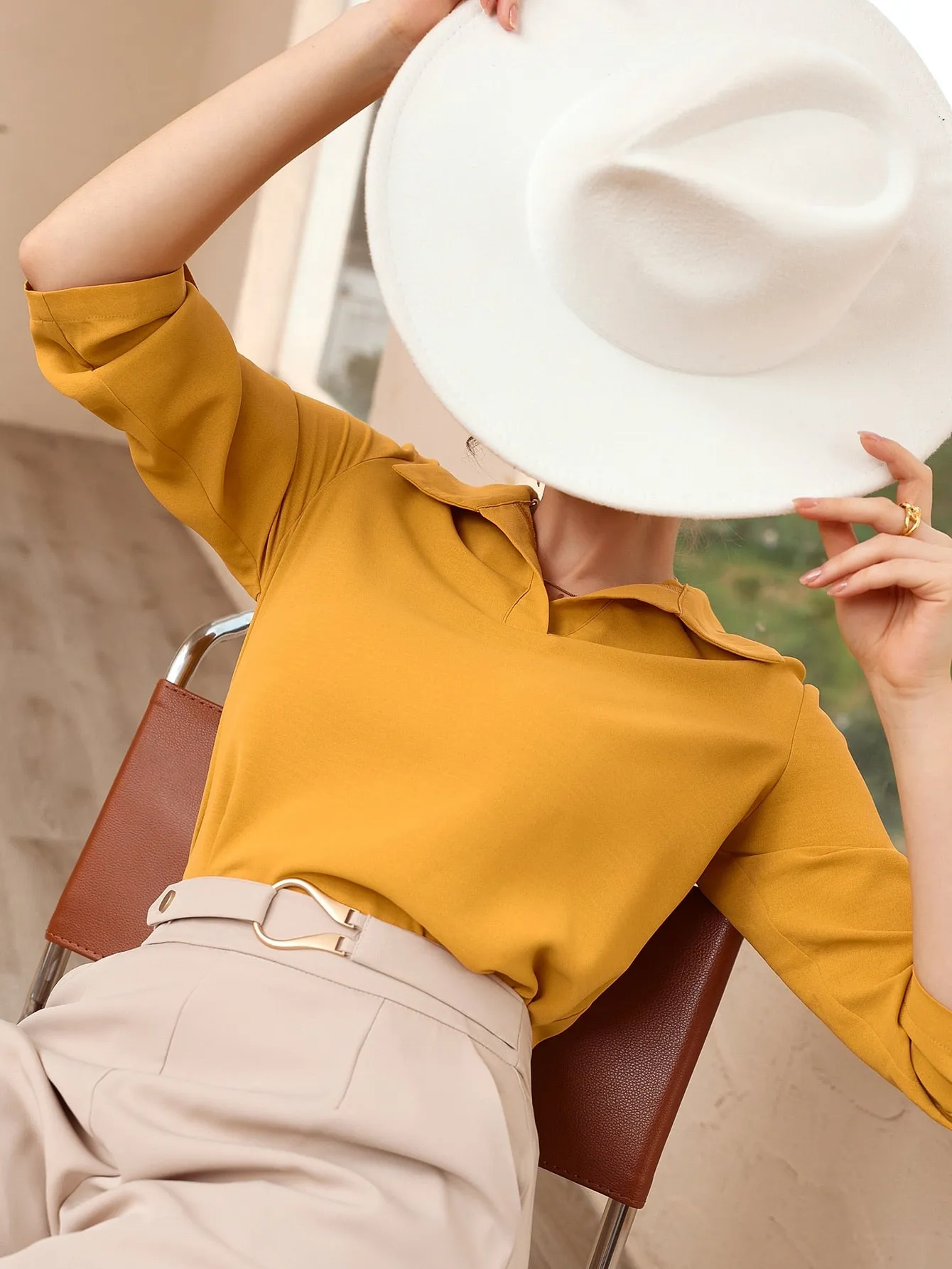 Roll-up Sleeve Solid Blouse (Clearance sale