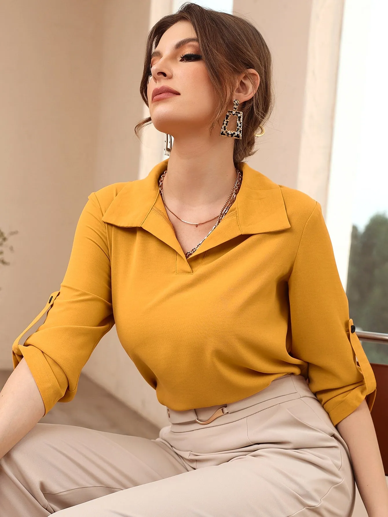 Roll-up Sleeve Solid Blouse (Clearance sale