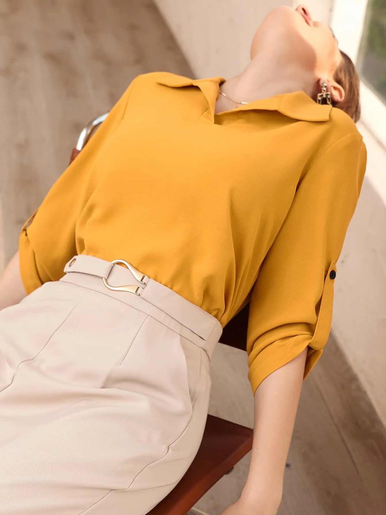 Roll-up Sleeve Solid Blouse (Clearance sale