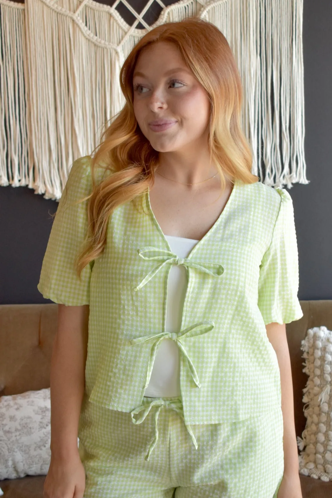 Rosie Gingham Tie Blouse- Lime